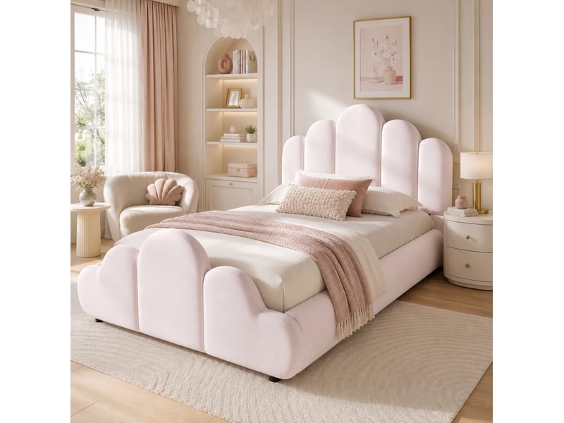  Lit enfant 90x200 cm en velours rose avec sommier à lattes  - Conforama E