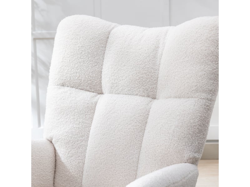  Fauteuil à bascule tissu bouclette avec poche, fauteuil allaitement blanc avec base en bois massif, 65x77x90 cm  - Conforama W