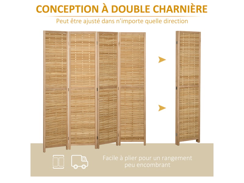  Paravent en bois séparateur de pièce closion de séparation pliable 4 panneaux en bambou naturel clair 160 x 170 cm  - Conforama R