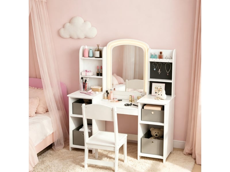  Coiffeuse enfant tcqpz avec miroir led et tabouret 104 x 40 x 112 cm mdf blanc  - Conforama D