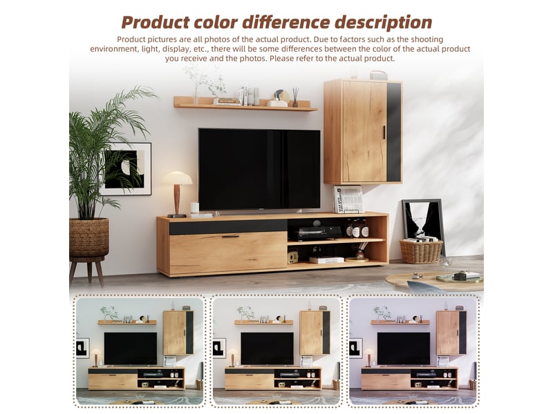  Ensemble de meuble tv 3 pièces 140x35x39 cm,meuble tv moderne pour salon,sur pied et suspendu,2 portes,couleur bois + noir  - Conforama E