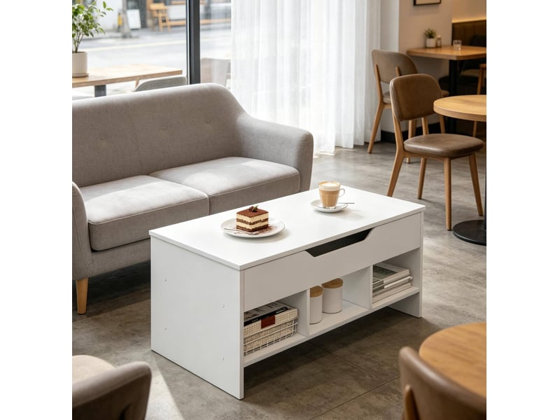  Table basse relevable avec plateau pliant, grand compartiment et 3 niches ouvertes pour salon, blanc, 96 × 45 × 51 cm  - Conforama C