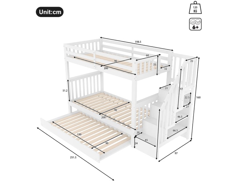  Lit superposé 200 × 90 cm et 190 × 90 cm 3 places avec lit gigogne, étagères d'escalier, sans matelas, blanc  - Conforama D