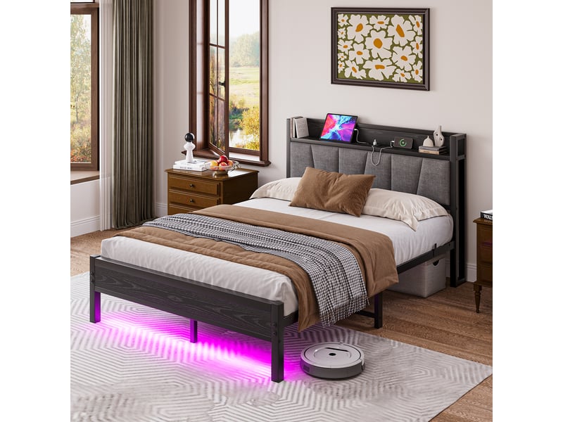  Lit double 140×190 cm avec rangement en tête de lit, éclairage led, prise et usb - okmyhome- noir, sans matelas  - Conforama C