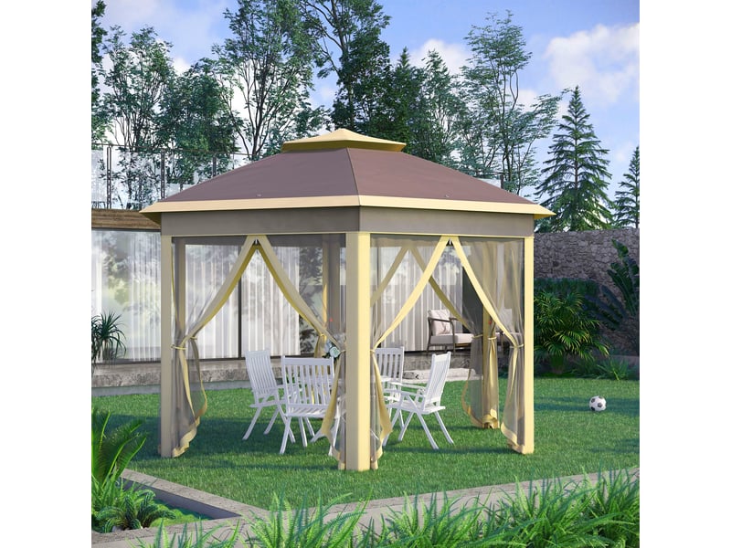  Gazebo de jardin hexagonal 4,05 x 3,4 x 2,85 m avec double toit, 6 moustiquaires amovibles, sac de rangement et traitement anti-uv beige  - Conforama D