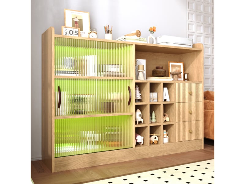  Buffet vin 120 cm – rangement damier, led, portes coulissantes en verre dépoli, meuble vin salon et salle à manger  - Conforama B