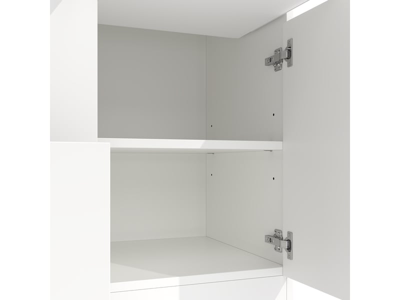  Armoire 4 portes avec led, prise, 2 penderies et 5 tiroirs, 135 × 50 × 200 cm, blanche  - Conforama E