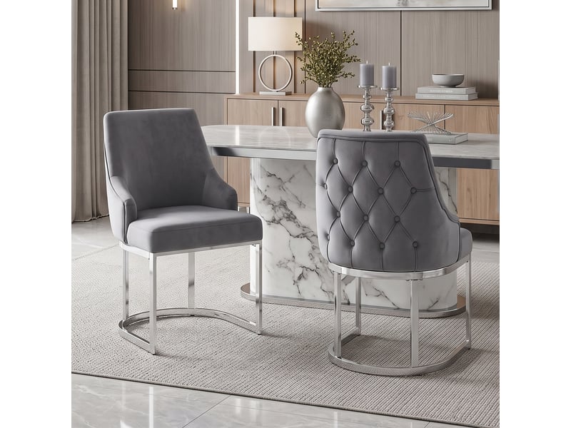  Lot de 4 chaises salle manger confortables pieds argentes velours gris argent moderne restaurant cafe  - Conforama D