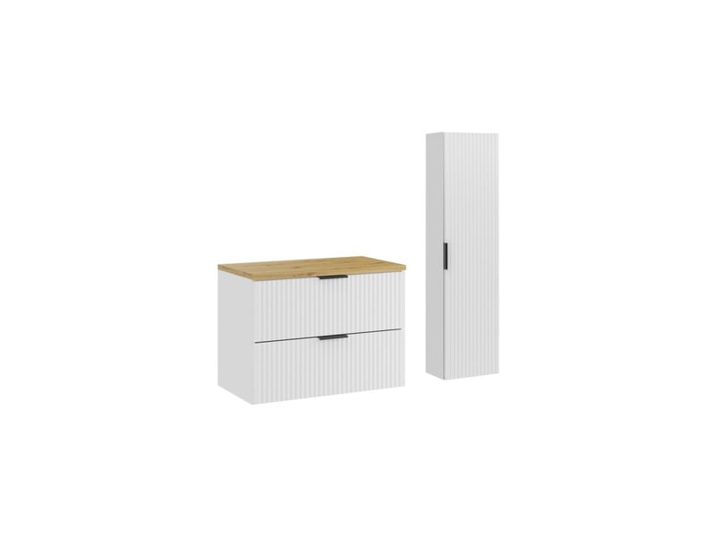  Ensemble de salle de bain noxera 80 cm – meuble sous vasque suspendu blanc alpin avec plan pour vasque chêne et colonne murale  - Conforama A