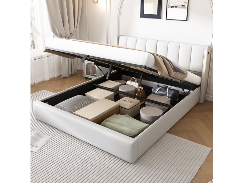  Lit coffre hydraulique 180 x 200 cm blanc en pu avec led, usb et tête de lit réglable  - Conforama C