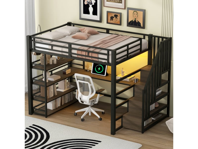  Lit mezzanine 140x200cm coloris noir led métal lit enfant noir - Conforama E