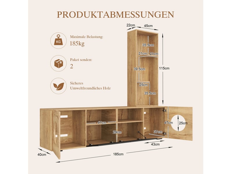  Meuble tv 185x40x162 cm avec rangement noir et naturel  - Conforama E