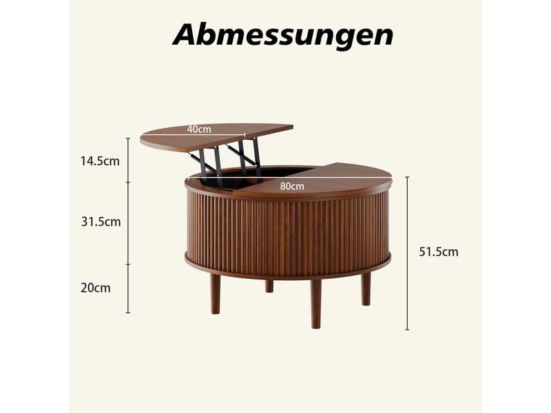  Table basse ronde 80x80x50 cm, plateau relevable et coulissant, rangement, design ondulé, panneaux de particules, marron OMNIGLINT TRADING LTD - Conforama C