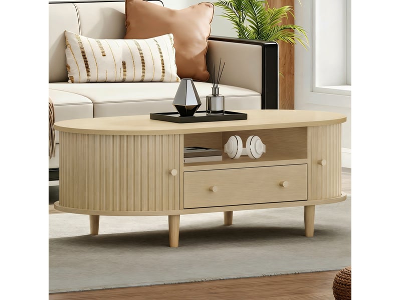  Table basse ovale 100x50x36 cm, pour salon, table de salon avec porte, rangement, avec tiroir, en mdf, bois clair  - Conforama E