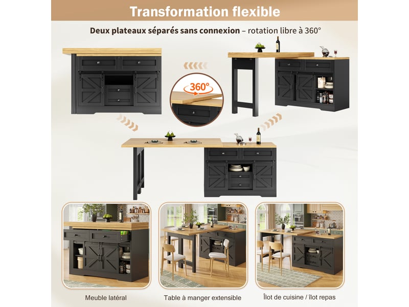  Îlot de cuisine 120x40x72 cm 2-en-1, avec panneau pivotant 360° et table à manger, meuble latéral, mdf, couleur noir  - Conforama E