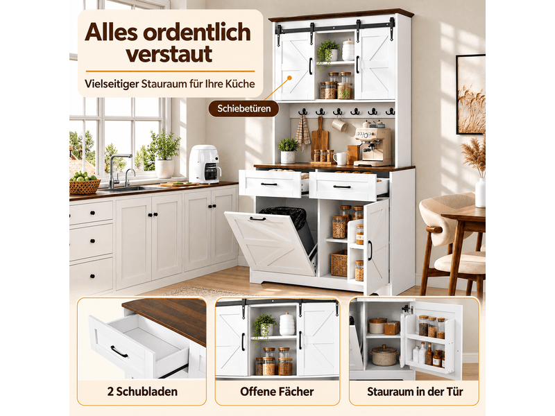 Buffet de cuisine blanc 96 x 40 x 180 cm avec portes coulissantes, 2 tiroirs, étagères ouvertes et plan de travail effet bois foncé, style campagne - Conforama D