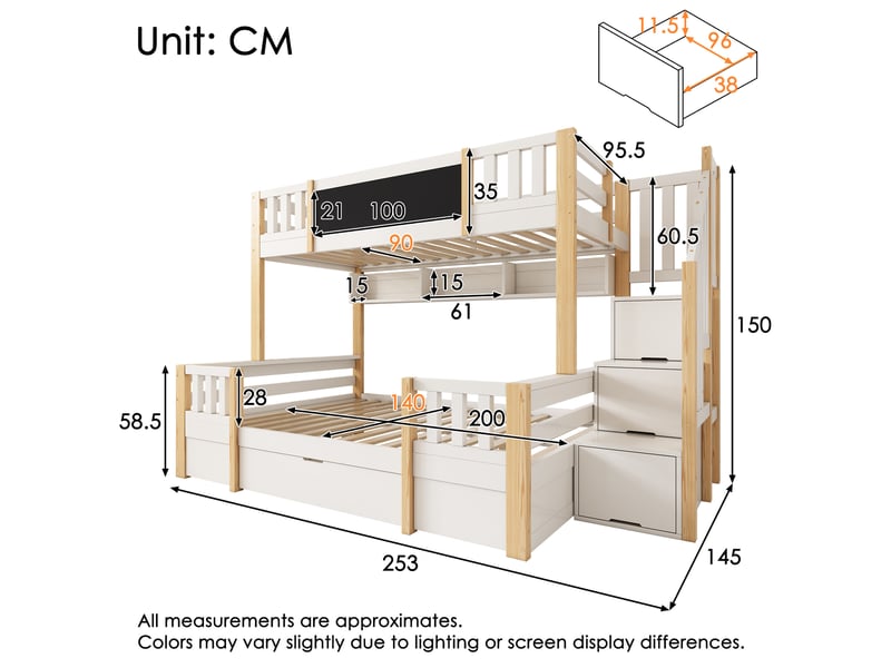  Lit superposé enfant 3 couchages 90 x 200 et 140 x 200 blanc et naturel avec rangements  - Conforama E