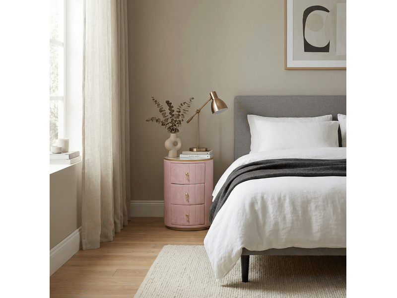  Table de chevet tcqpz ronde 3 tiroirs 40 x 40 x 52,5 cm velours rose plateau effet marbre  - Conforama D
