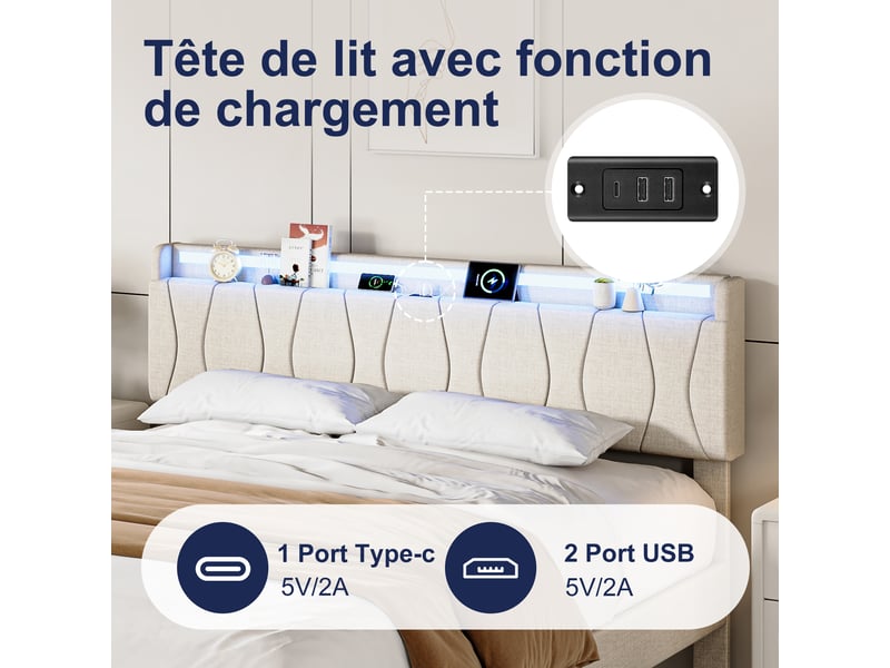 Structure de lit double 140x200 cm avec sommier à lattes, prises usb et type-c, éclairage led au niveau de la tête de lit avec rangement, lit rembourré en lin sur pieds hauts, lit 2 personnes fonctionnel pour chambre à coucher m… - Conforama R