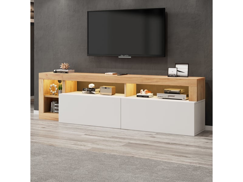  Meuble tv moderne blanc et bois avec éclairage led, meuble tv pour téléviseur jusqu'à 80 pouces, rangements ouverts et fermés  - Conforama D