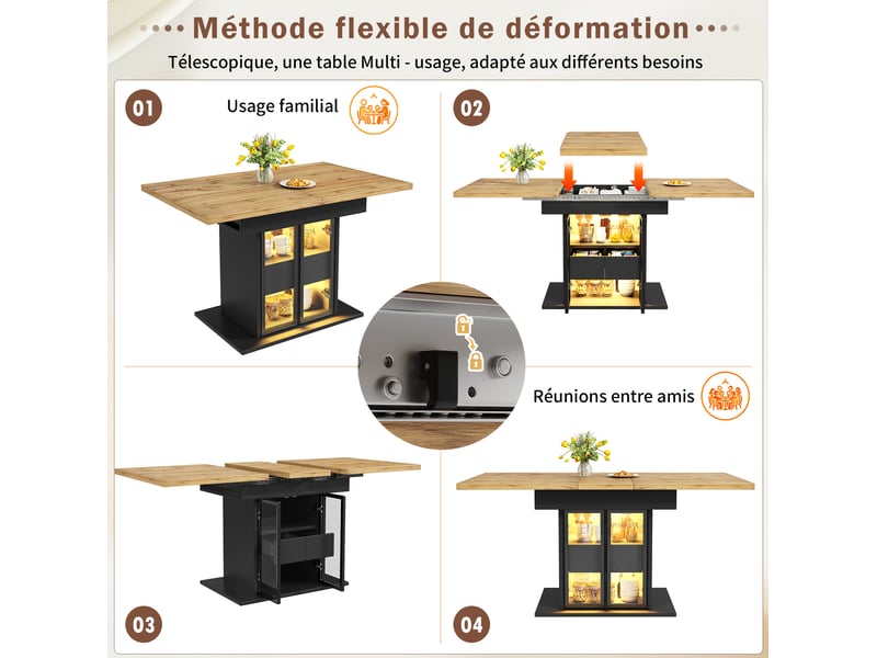  Table à manger extensible, 110x80x77,9 cm, avec espace de rangement, repas, plateau mdf, piètement métal, coloris noir  - Conforama D