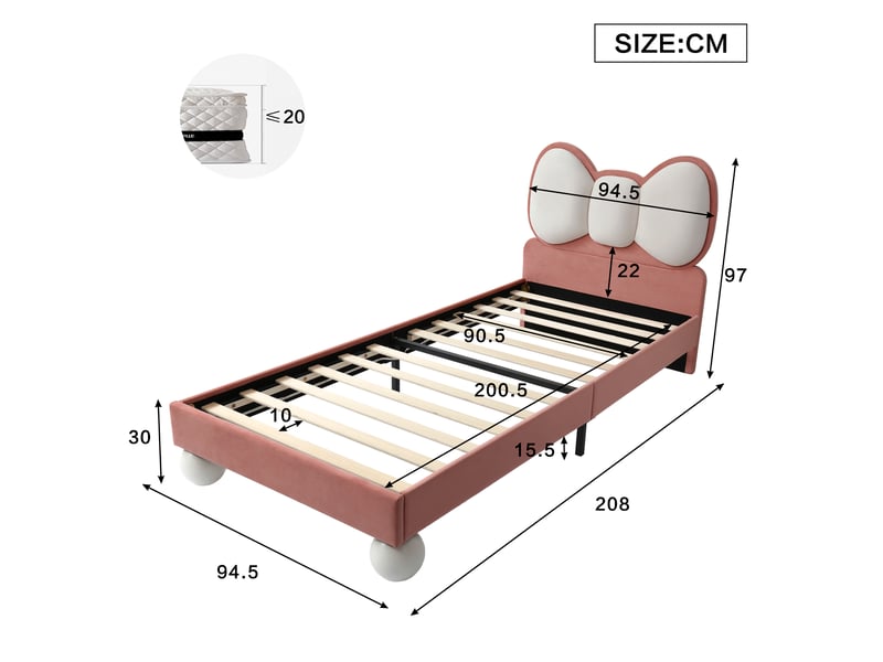  Lit enfant 90 × 200 cm 1 place avec led réglable et tête de lit nœud, sans matelas, en velours, rose  - Conforama D