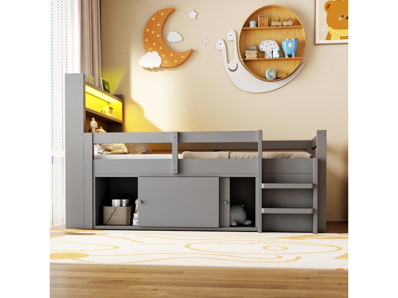 Lit enfant multifonction 90x200 cm avec étagères, placards coulissants et rangements, lit en bois avec led et ports usb, gris OPULERANE TRADING LTD - Conforama E