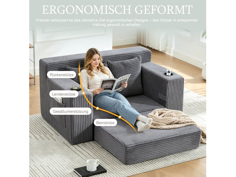 Fauteuil pouf double avec coussins et poches latérales en velours côtelé gris, 151 × 133 × 64 cm  - Conforama E