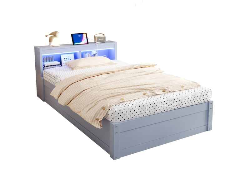  Lit simple 90x200 cm avec rangement hydraulique et led en bois gris  - Conforama A