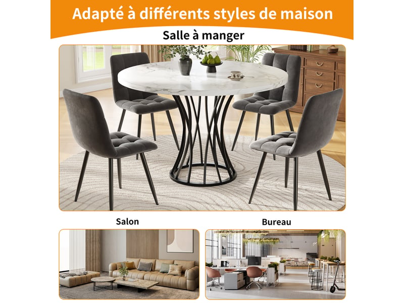  Table à manger d80xh76cm, table ronde avec motif de marbre, plateau en mdf, pied en métal, blanc + noir  - Conforama W