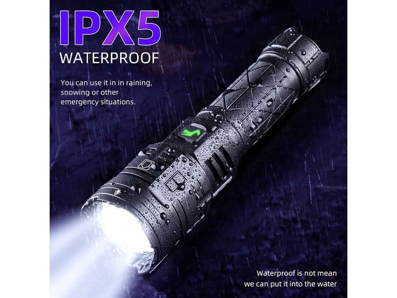  Lampe torche led ultra puissante, 15000 lumens lampe de poche rechargeable usb avec 5 modes d'éclairage, torches zoomables étanche ipx5 (batterie 2665  - Conforama E