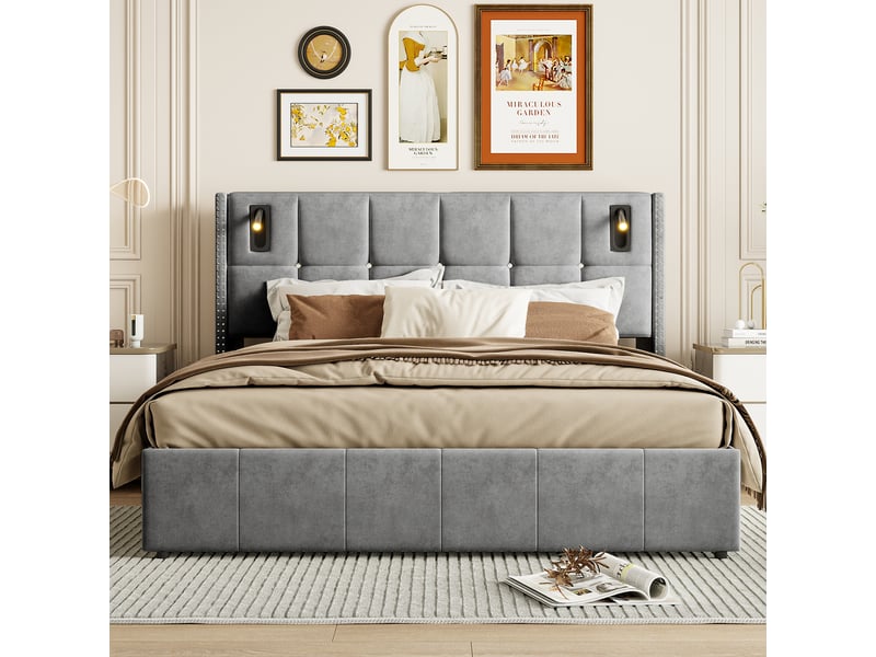  Lit coffre 140x200 cm avec sommier, avec usb et type-c, lit double avec sommier à lattes, gris  - Conforama C