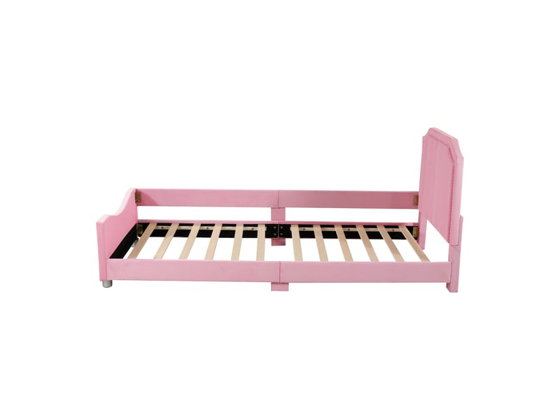  Lit enfant 90x200 cm, lit capitonné avec dossier et accoudoirs en flanelle rose, sans matelas  - Conforama D