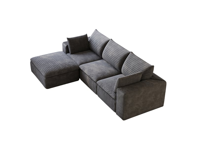 Canapé modulaire 4 places avec méridienne, coussins amovibles et design double couche en velours côtelé gris foncé - Conforama A