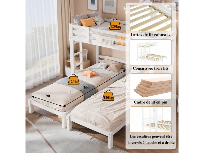  Lit superposé triple enfant 90 x 200 cm en bois avec échelle et barrières de protection, 3 couchages, blanc  - Conforama E