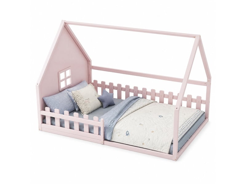 Lit enfant cabane 140 x 200 cm avec barrières et sommier à lattes, rose  - Conforama A