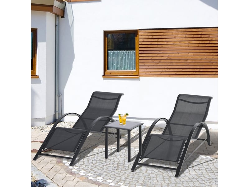  Lot de 2 bains de soleil chaise longue design contemporain table basse plateau verre trempé textilène noir  - Conforama C