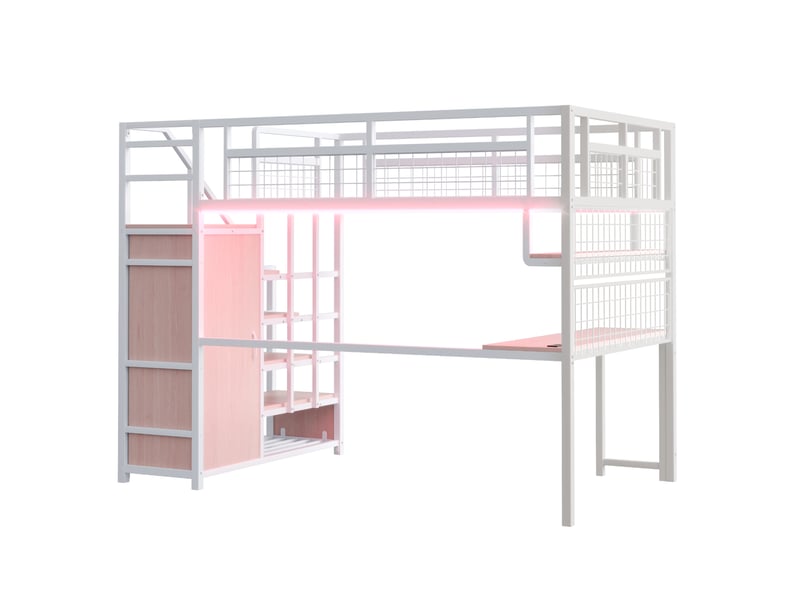  Lit mezzanine enfant 140x200 cm – blanc – bureau, escalier rangement, armoire, éclairage et prise - sans matelas  - Conforama D