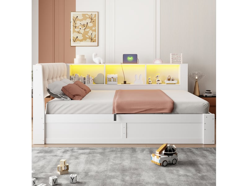 Lit coffre 140x200 cm, 209x165x83 cm, ouverture latérale, rangements, usb, led, bois et mdf, blanc sans matelas  - Conforama D