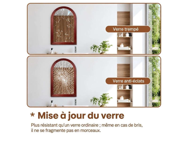  Grand miroir mural forme dôme arche 40x60 cm verre trempé hd – miroir contemporain étanche et anti-oxydation avec cadre décoratif rouge bordeaux pour salle d'eau  - Conforama B