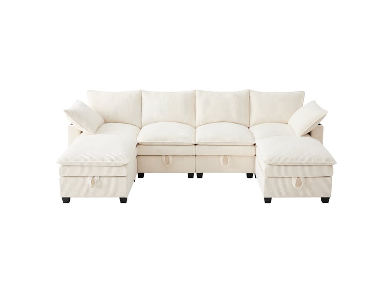  Canapé d'angle modulable 6 places en velours côtelé beige avec rangement, usb et porte-gobelets intégrés  - Conforama A