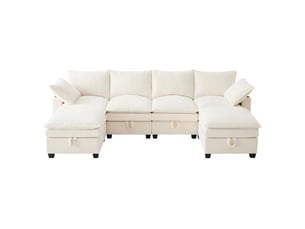 Canapé d'angle modulable 6 places en velours côtelé beige avec rangement, usb et porte-gobelets intégrés