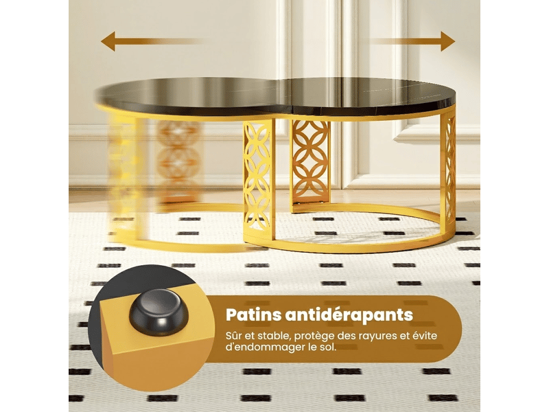  Tables basses gigognes lot de 2 avec pieds réglables et base antidérapante, plateau effet marbre noir, salon  - Conforama E