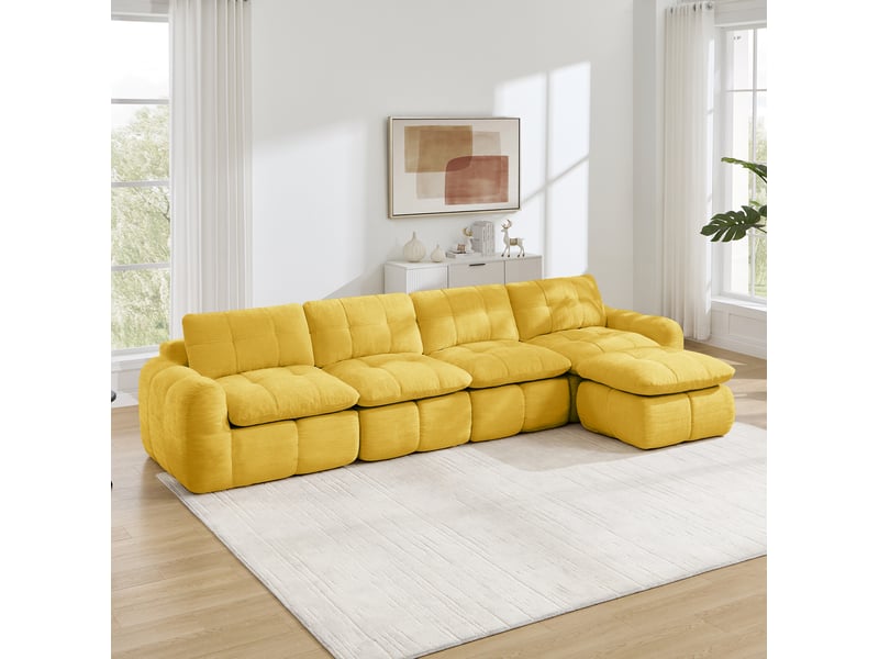  Canapé d'angle modulaire réversible 4 places avec ottomane, assise large et profonde, sans cadre, en chenille jaune  - Conforama E