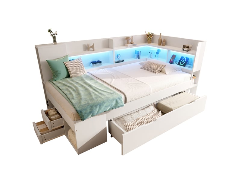  Canape lit 90x200 cm avec éclairage led et station de recharge usb et type-c, blanc, lit simple avec étagères et tiroirs  - Conforama W