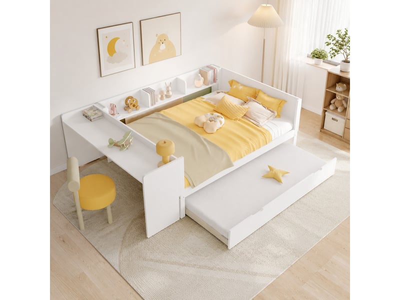  Lit gigogne 140x200 cm avec bureau et étagères en pin blanc  - Conforama B