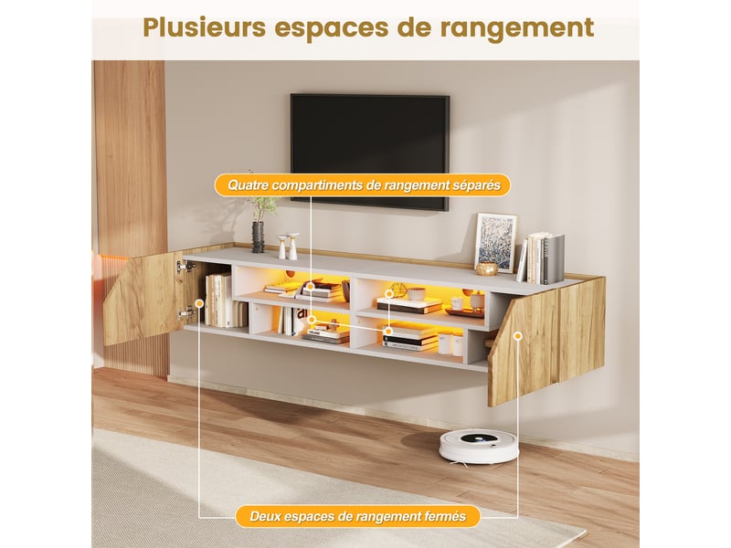  Meuble tv mural 180x36.5x40 cm - éclairage led contrôlable par application - mdf et panneaux de particules - blanc et bois naturel CozyNest - Conforama E