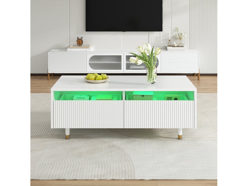  Table basse led 110 x 50 x 40 cm, 2 tiroirs, éclairage bluetooth, blanche  - Conforama D