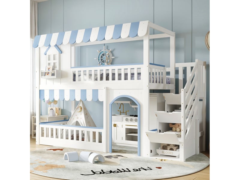  Lit superposé enfant 90x200 cm blanc et bleu avec escalier de rangement  - Conforama B