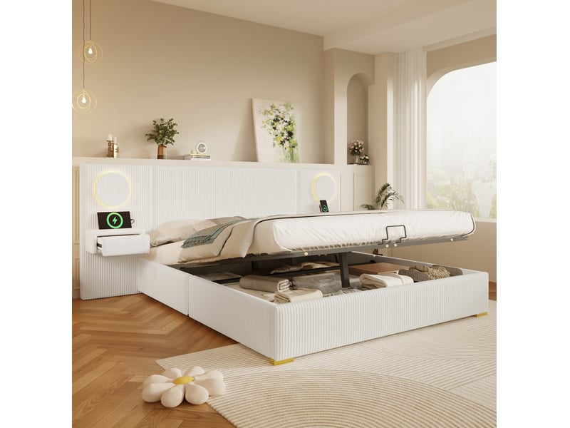  Lit coffre 180 x 200 cm en velours beige avec tête de lit led et ports usb  - Conforama C